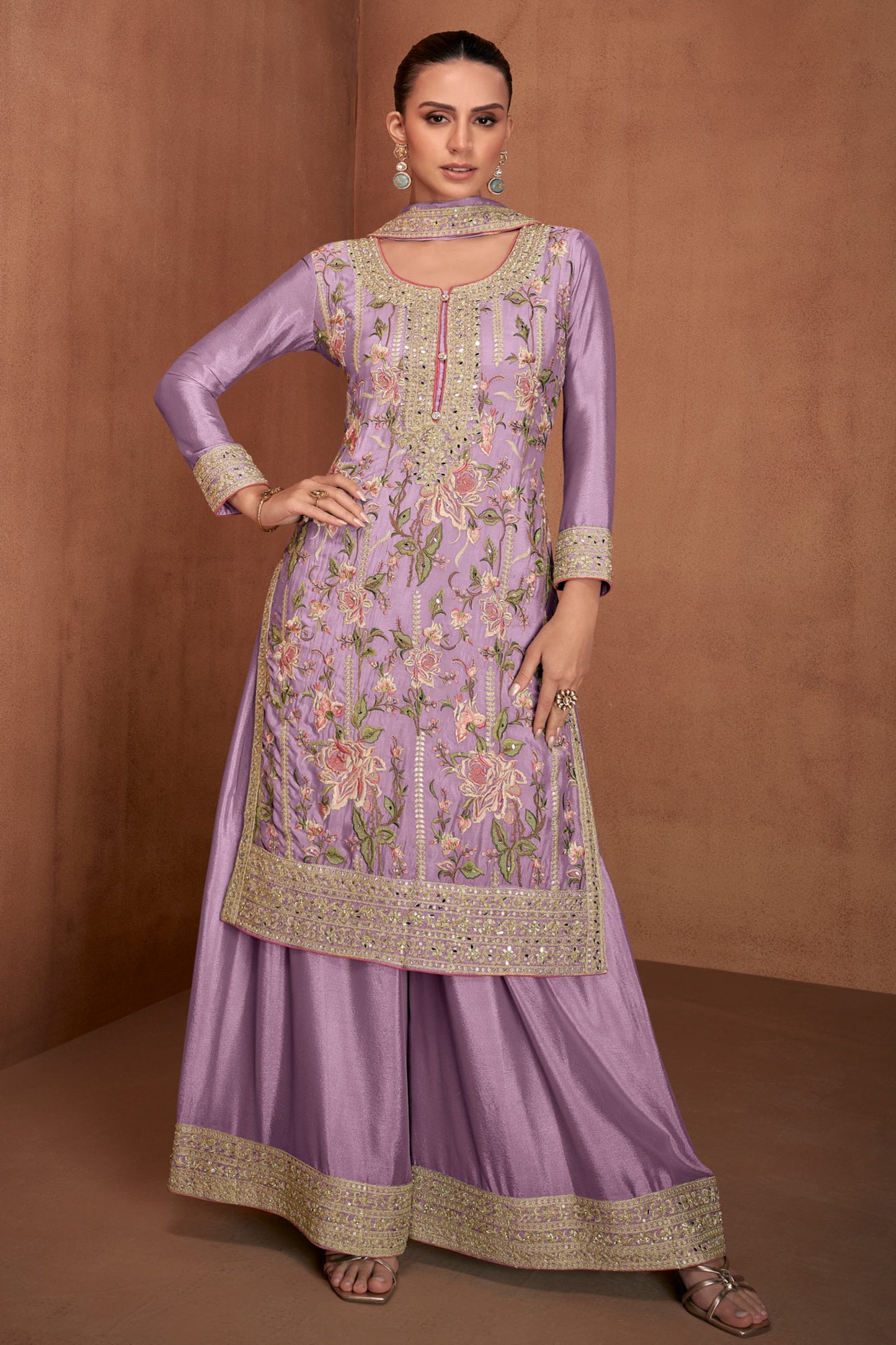 Lavender Embroidered Salwar Kameez Palazzo Set With Dupatta 