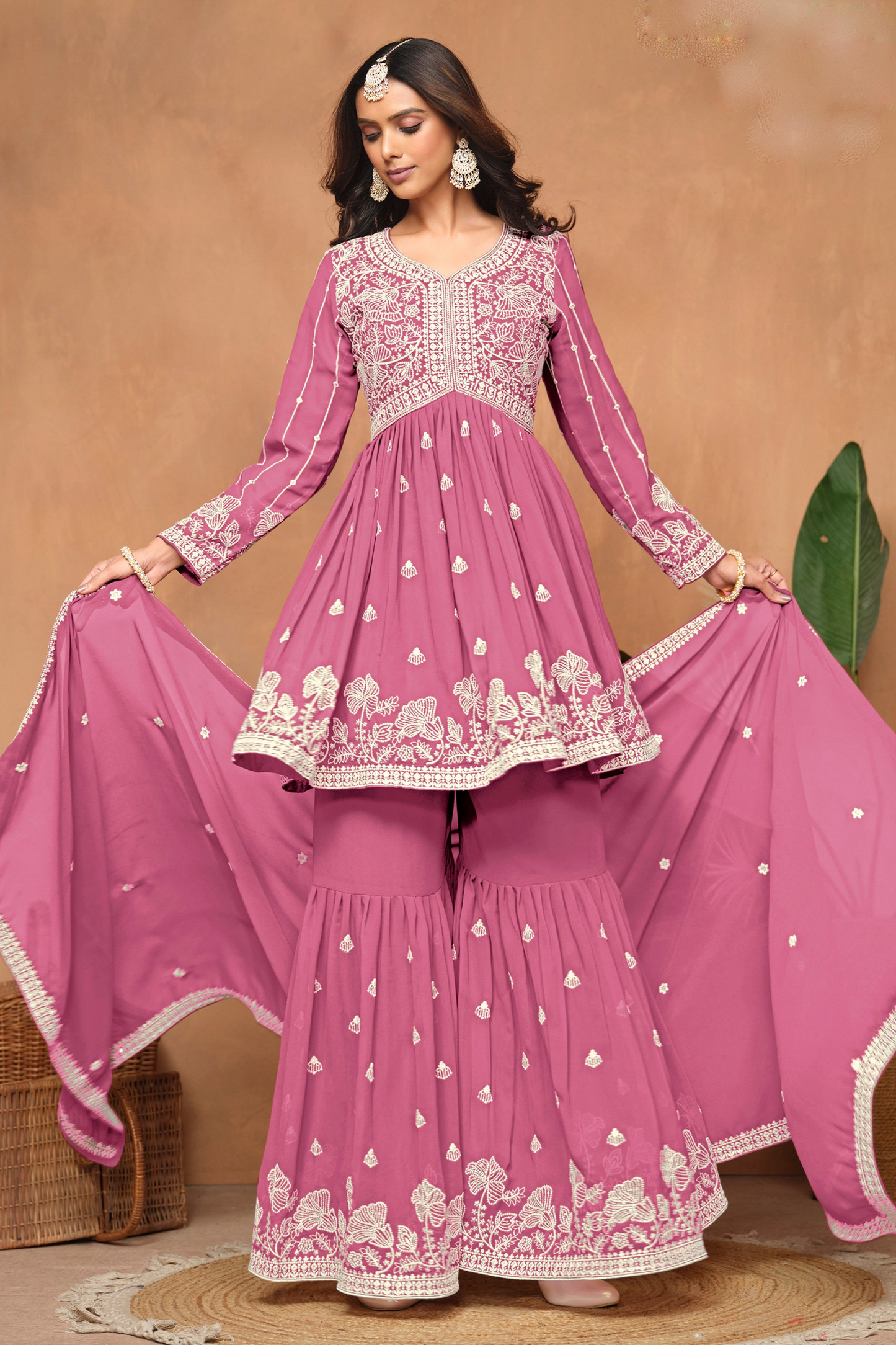 Plus Size pink Sharara Suit Set For Eid Diwali Festivals - Pakistani Indian Wedding Outfit Ready to Ship USA