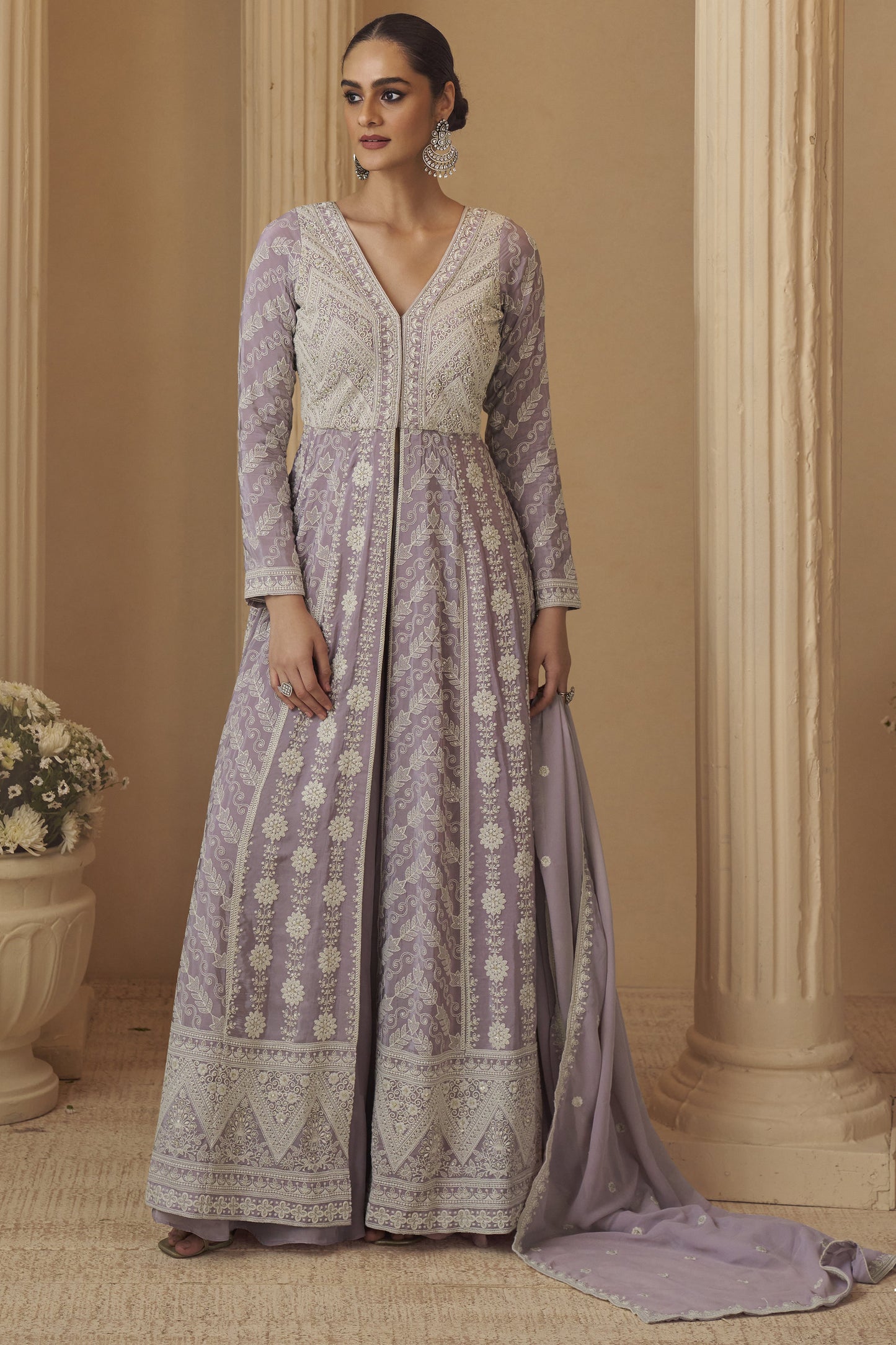 flowing georgette anarkali gown in lavender shade