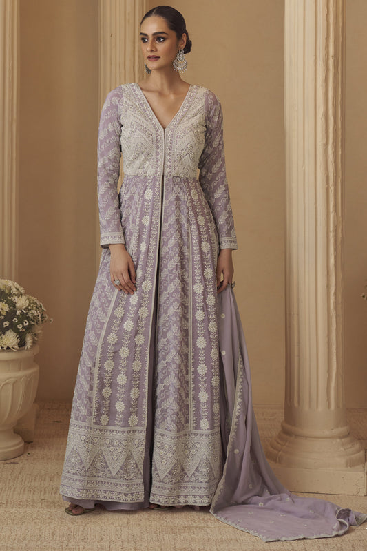 flowing georgette anarkali gown in lavender shade