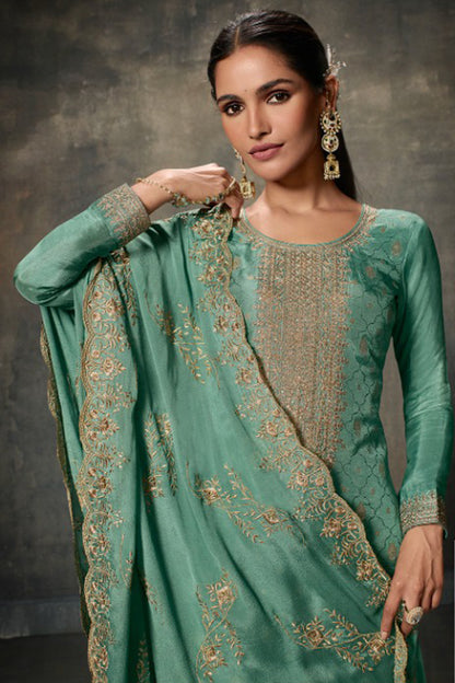 embroidered neckline detail on teal salwar kameez