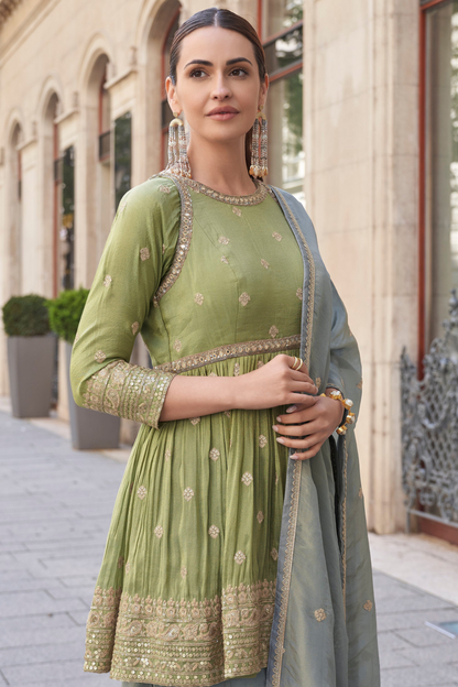 Embroidered sharara salwar suit in soft pistachio green