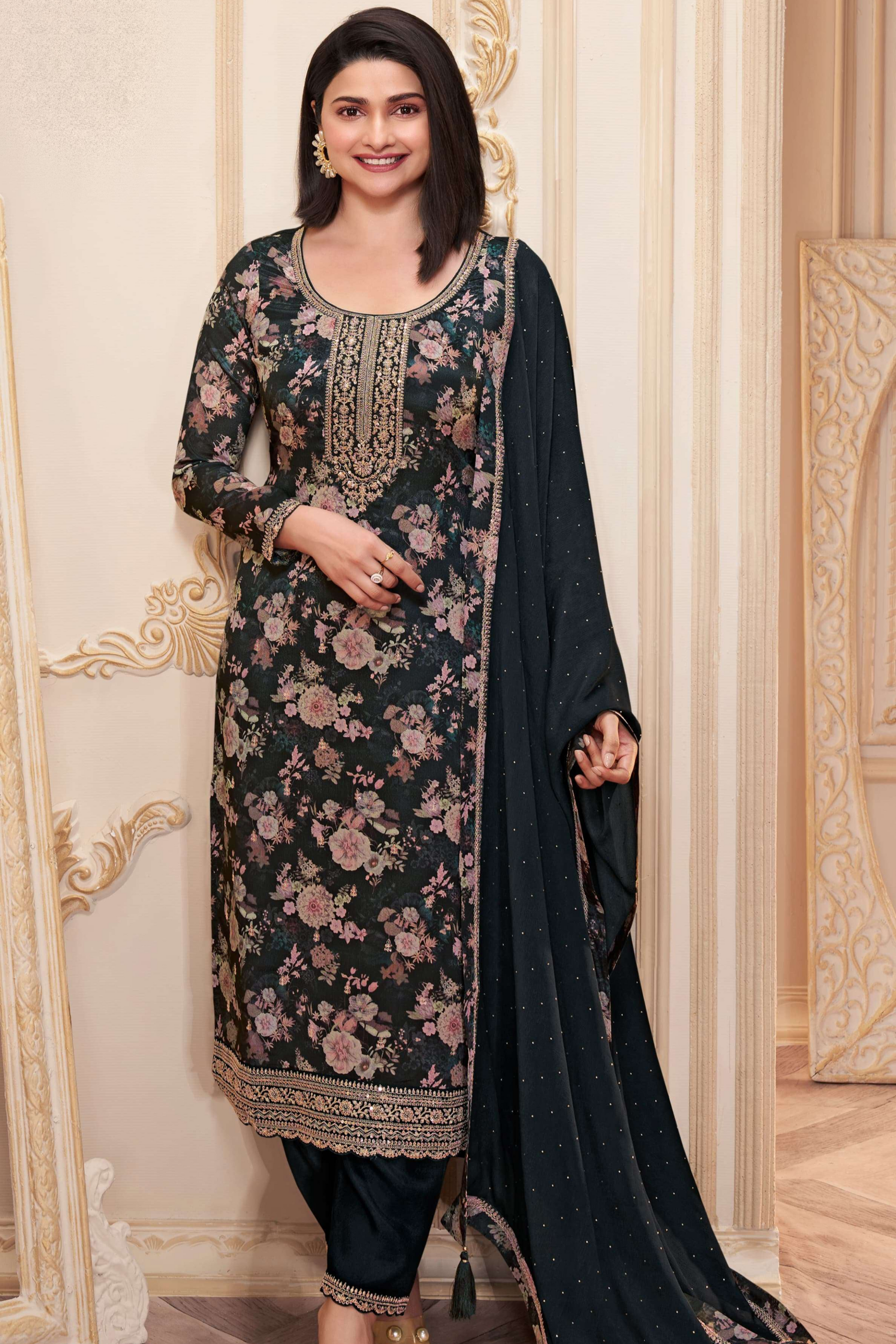 Black Digital Printed Salwar Kameez With Embroidery Work by Seyuri - Front View