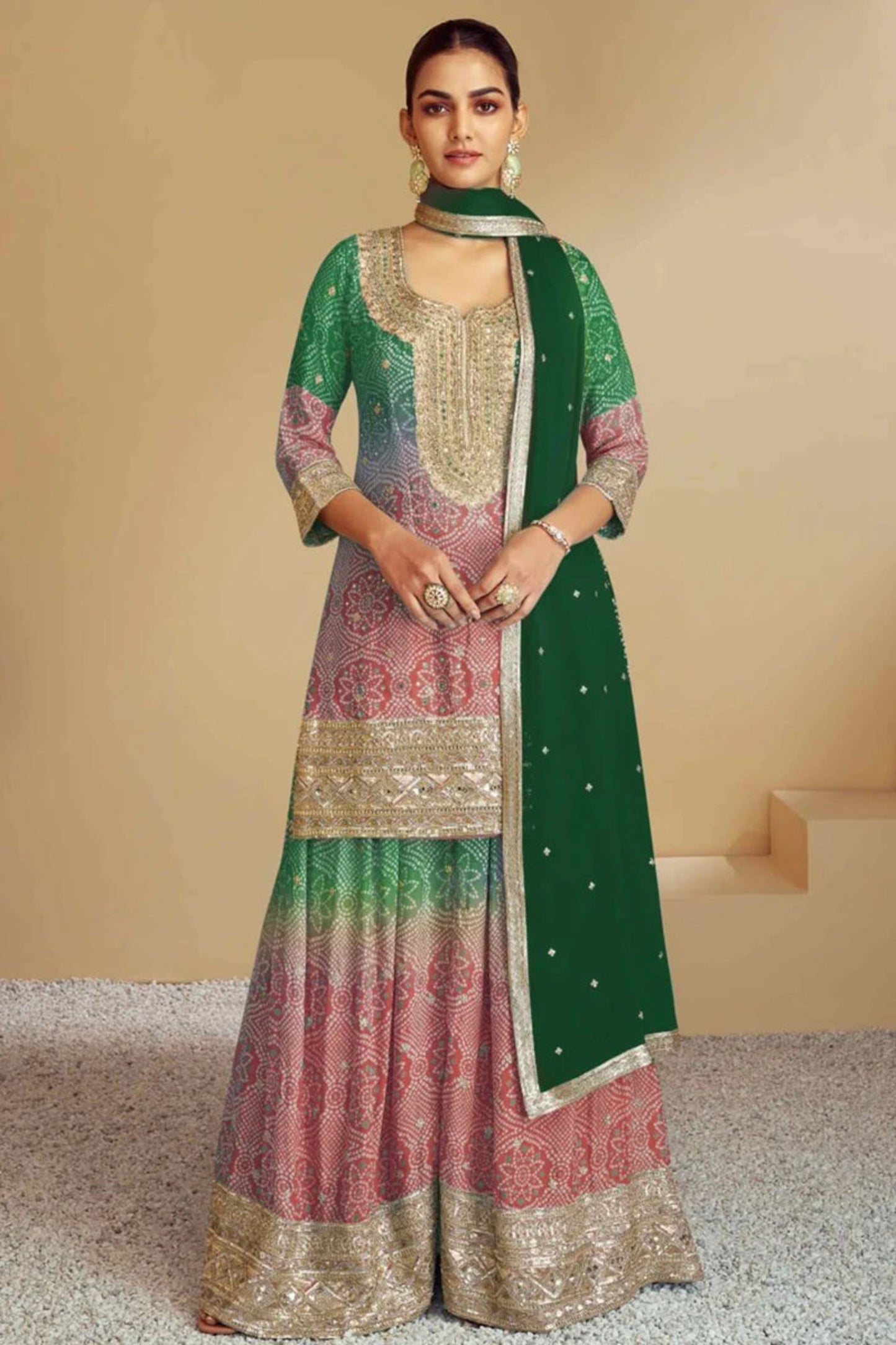 Green Chinon Palazzo Salwar Kameez With Embroidery Dupatta For Ramadan Eid