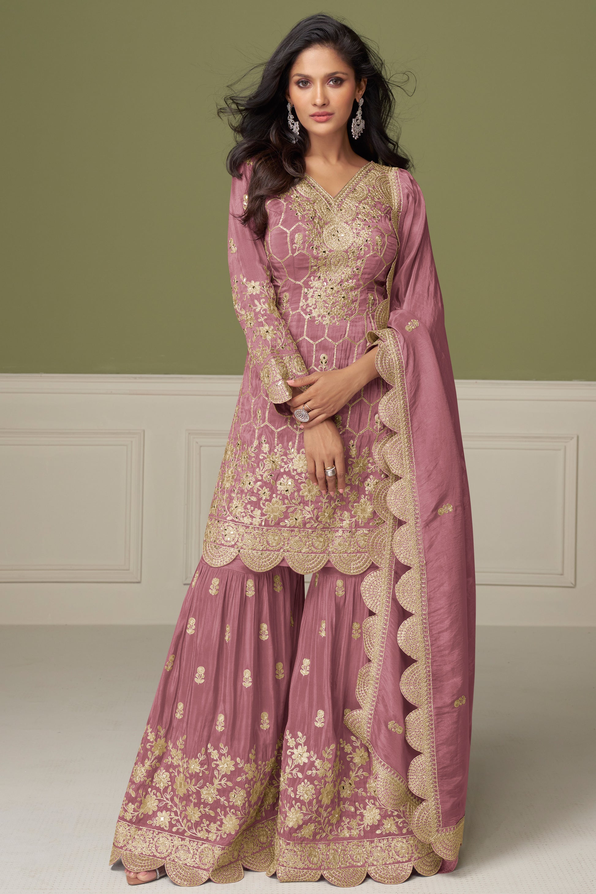 rose gold sharara suit online with embroidery