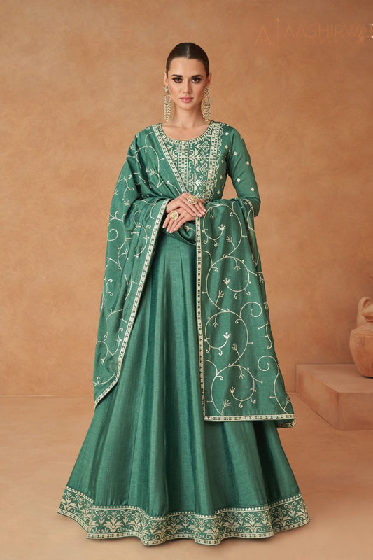 Pakistani Long Green Premium Silk Wedding Anarkali Dress With Dupatta For Women
