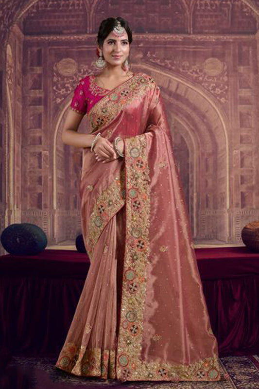 Peach Embroidered Designer Saree With Stitched Blouse - Front View Wedding Wear