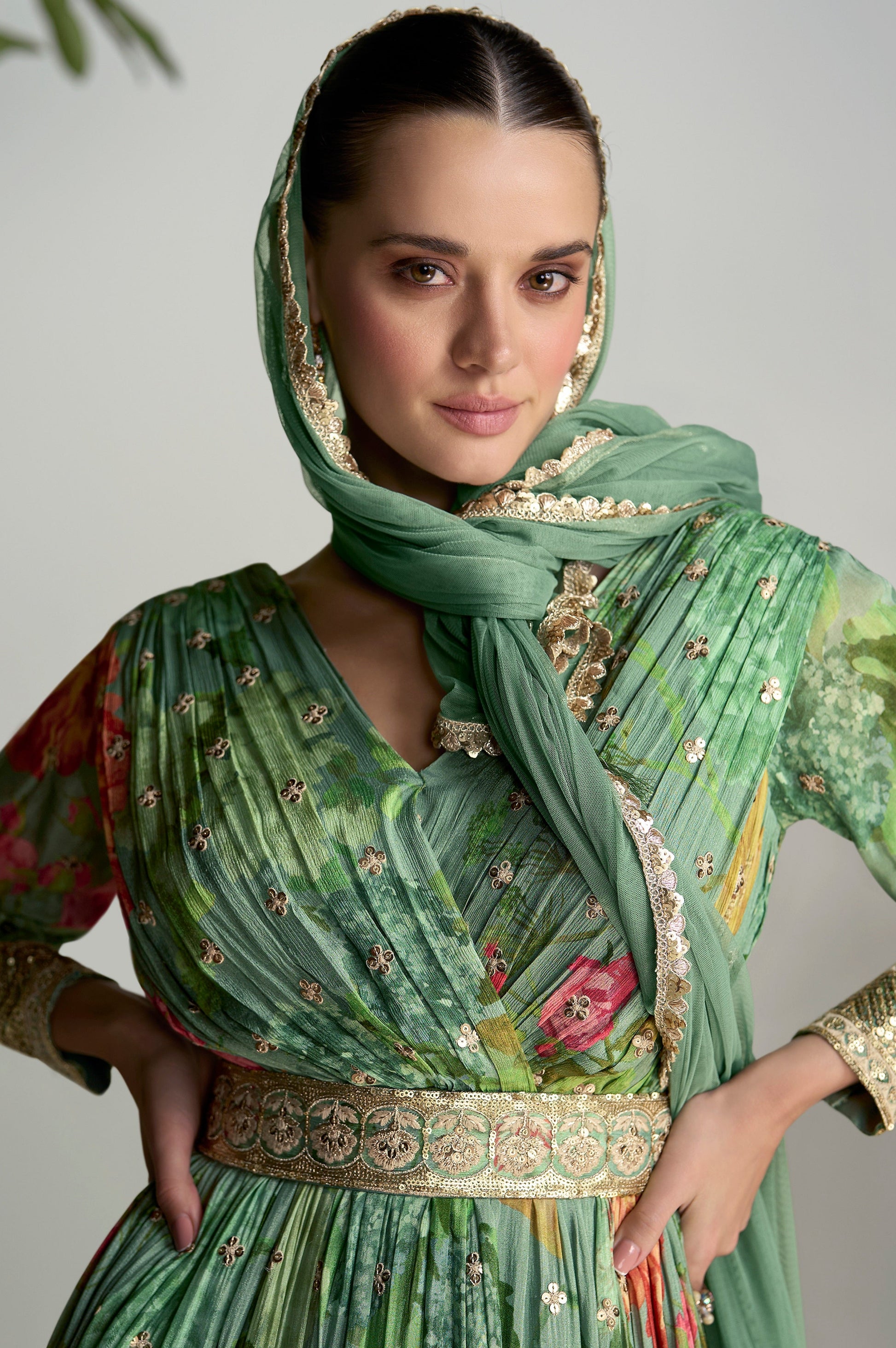 Stylish Stitched Long Chinon Silk Green Anarkali Dress With Dupatta For Party Wear 