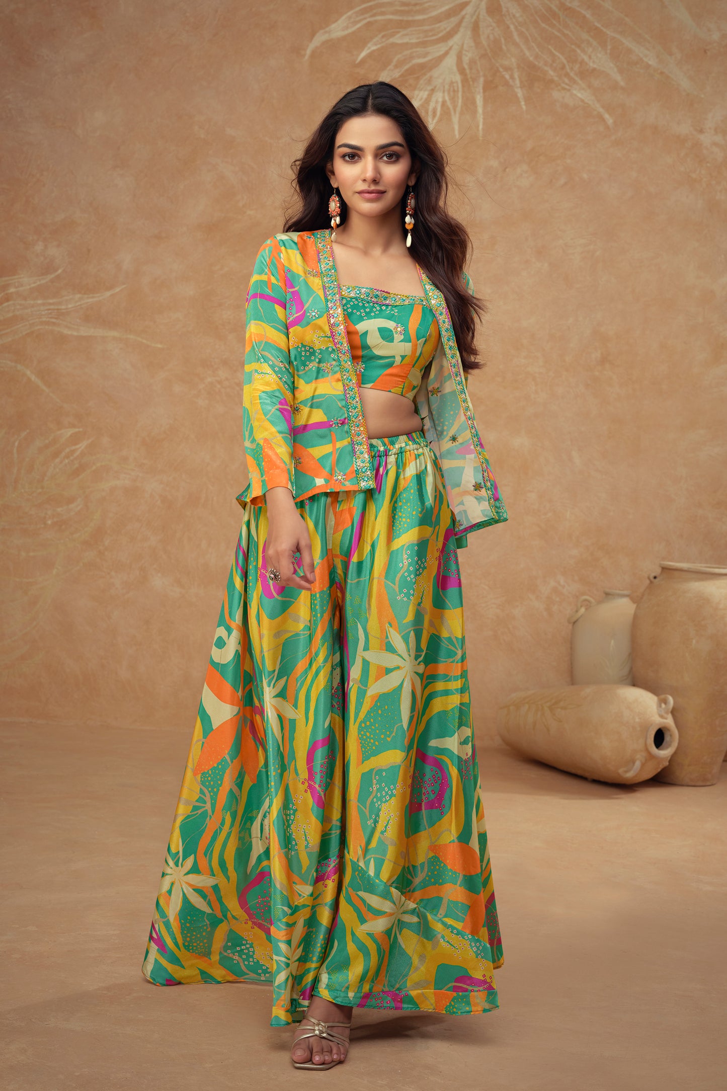 Elegant Party Wear – Real Chinon & Silk Shrug Palazzo Dress For Women