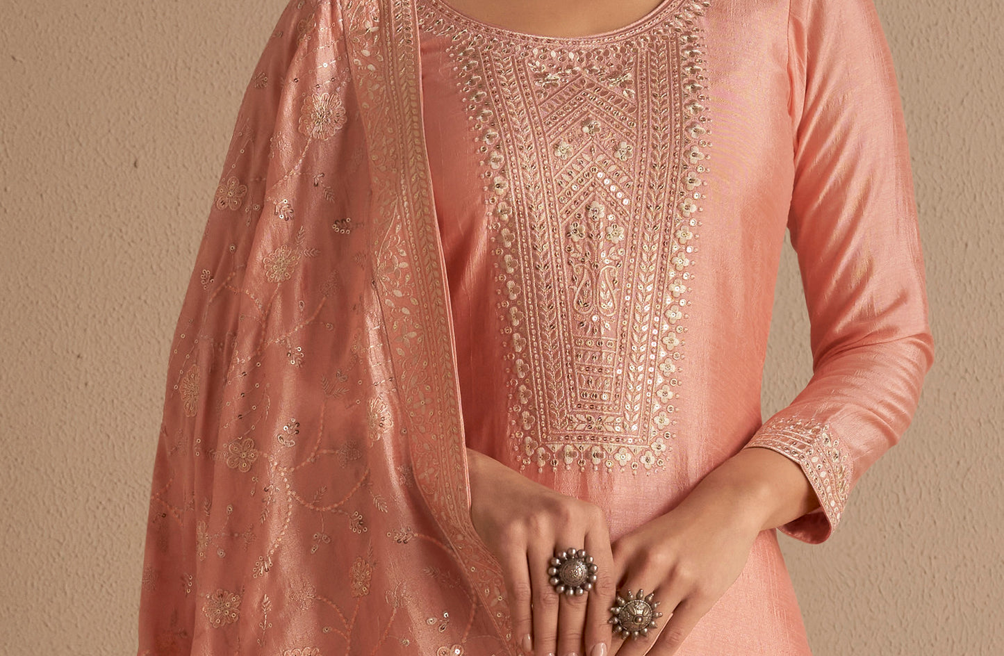 Embroidery detailing on silk peach kameez shalwar neckline