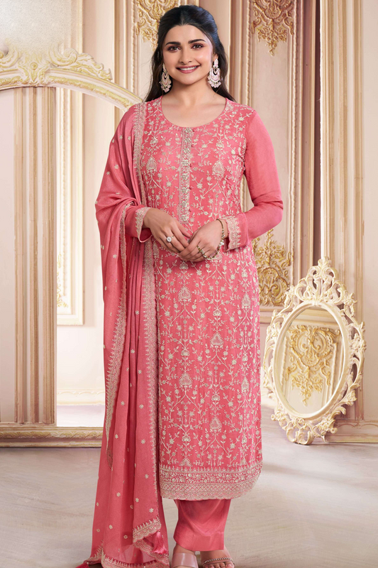 Peach pakistani kameez salwar front view with embroidery