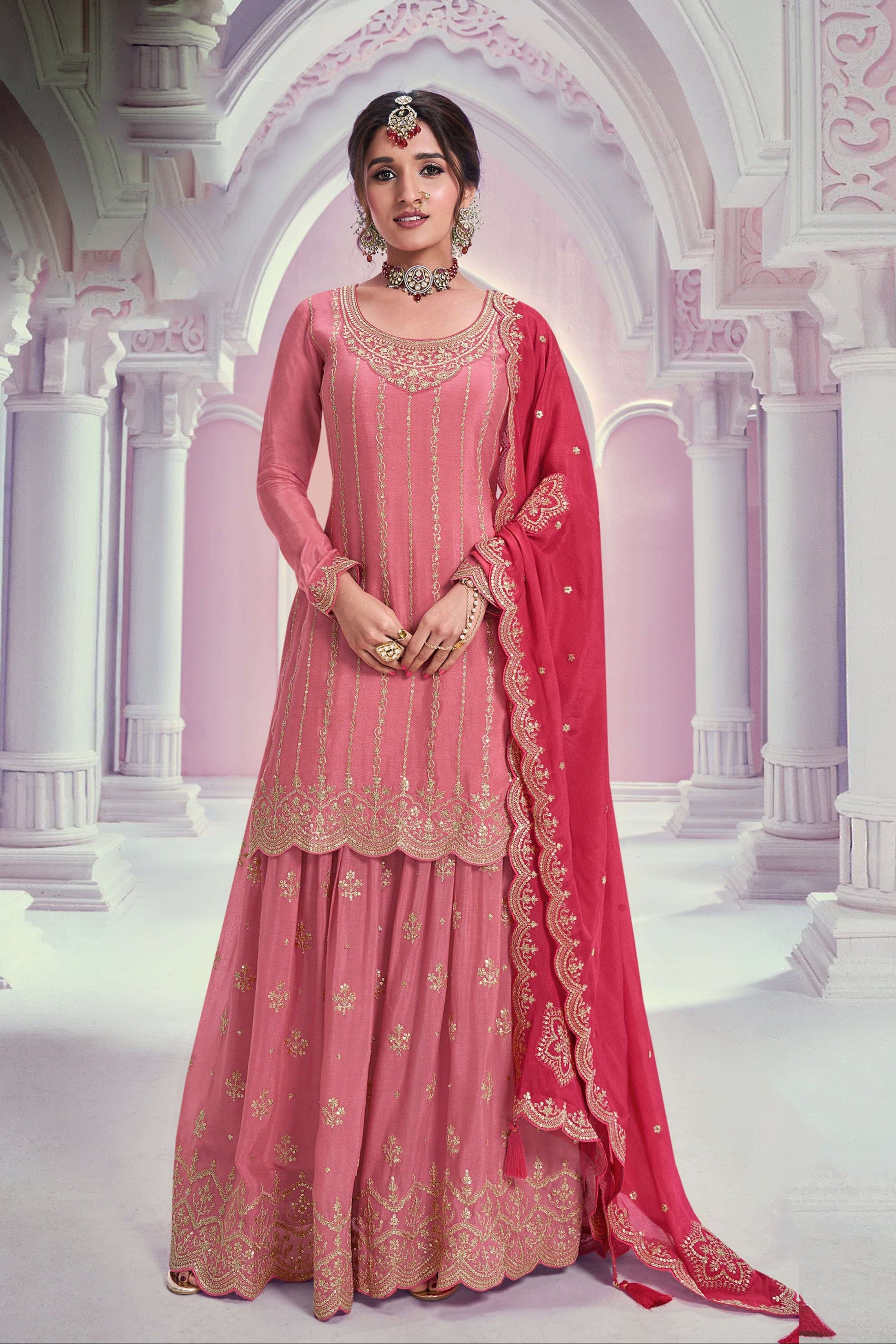 Peach Embroidered Festival Outfit For Indian Fuction 