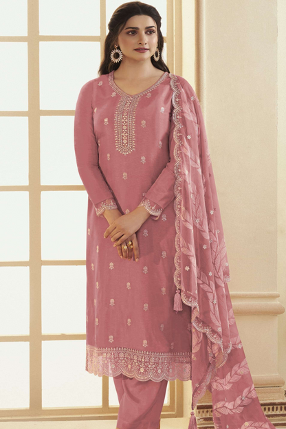 Peach salwar kameez full front view with embroidered Dola Silk kameez