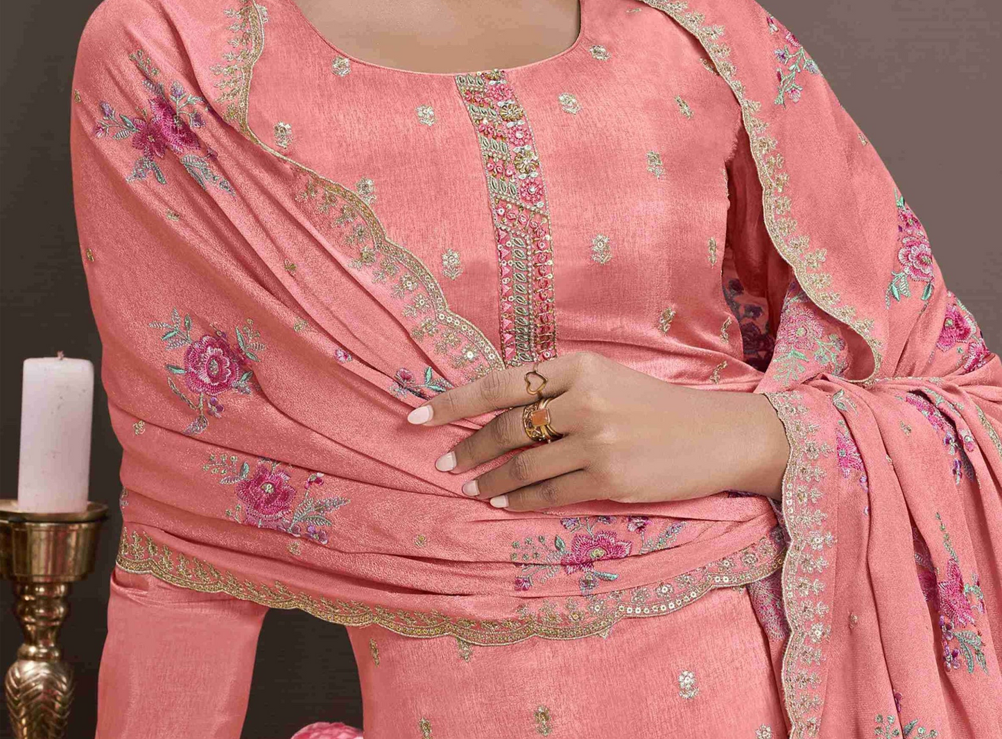 women in salwar kameez peach embroidered Indian ethnic wear