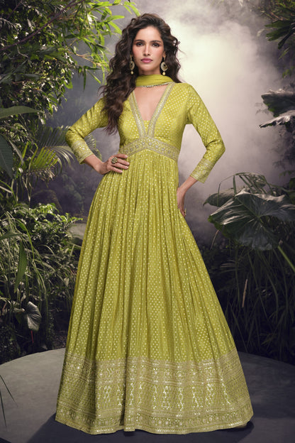 Yellow Anarkali Gown Wedding Reception Party Wear Western Pure Viscose Jacquard Silk Dress 