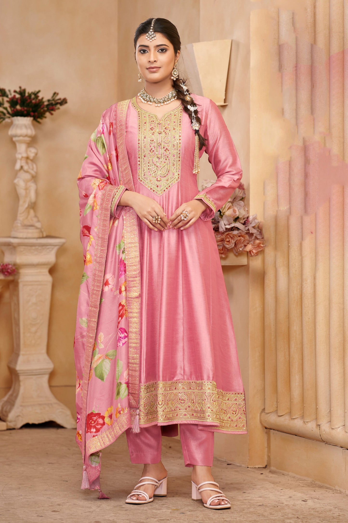 Pink Anarkali Gown with Matching Dupatta for Special Occasions Party Wear Suit