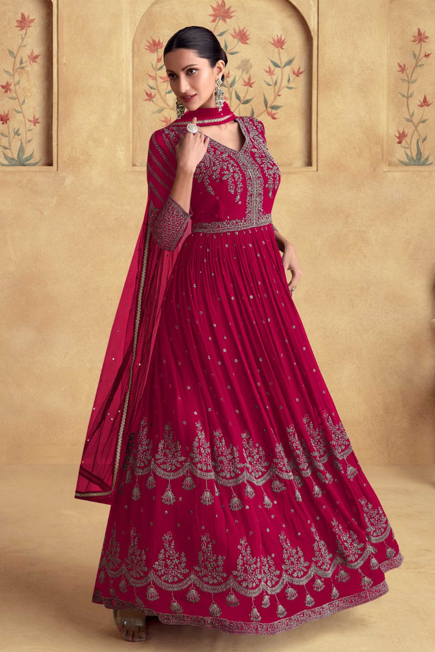 Stylish Embroidery Work Real Georgette Anarkali Suit for Wedding Wear With Net Dupatta 