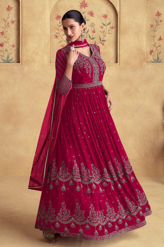 Stylish Embroidery Work Real Georgette Anarkali Suit for Wedding Wear With Net Dupatta 