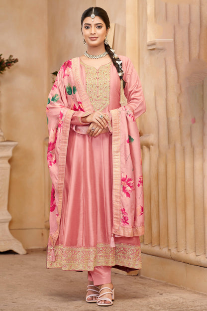 Pink Traditional Outfit With Floral Patterns Wooden Floor