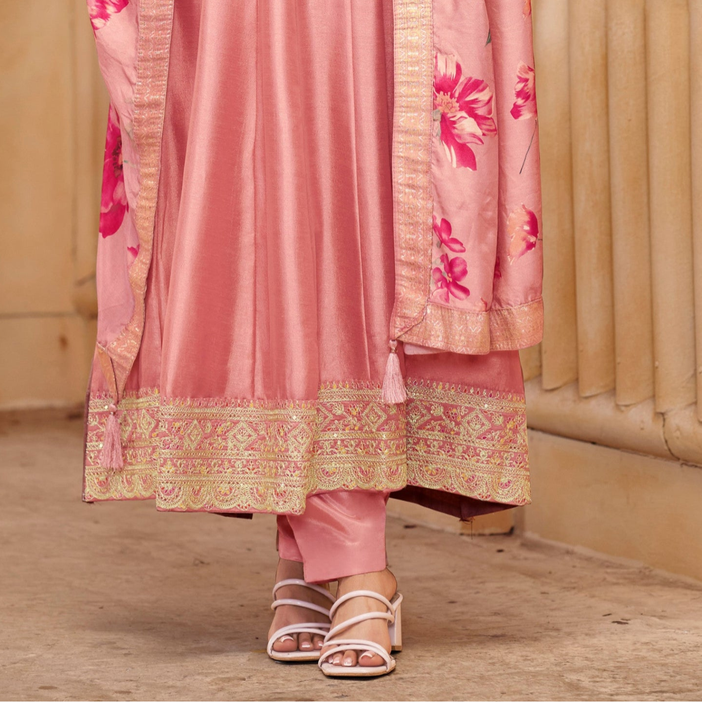 Pink Traditional Outfit With Floral Patterns wooden Floor