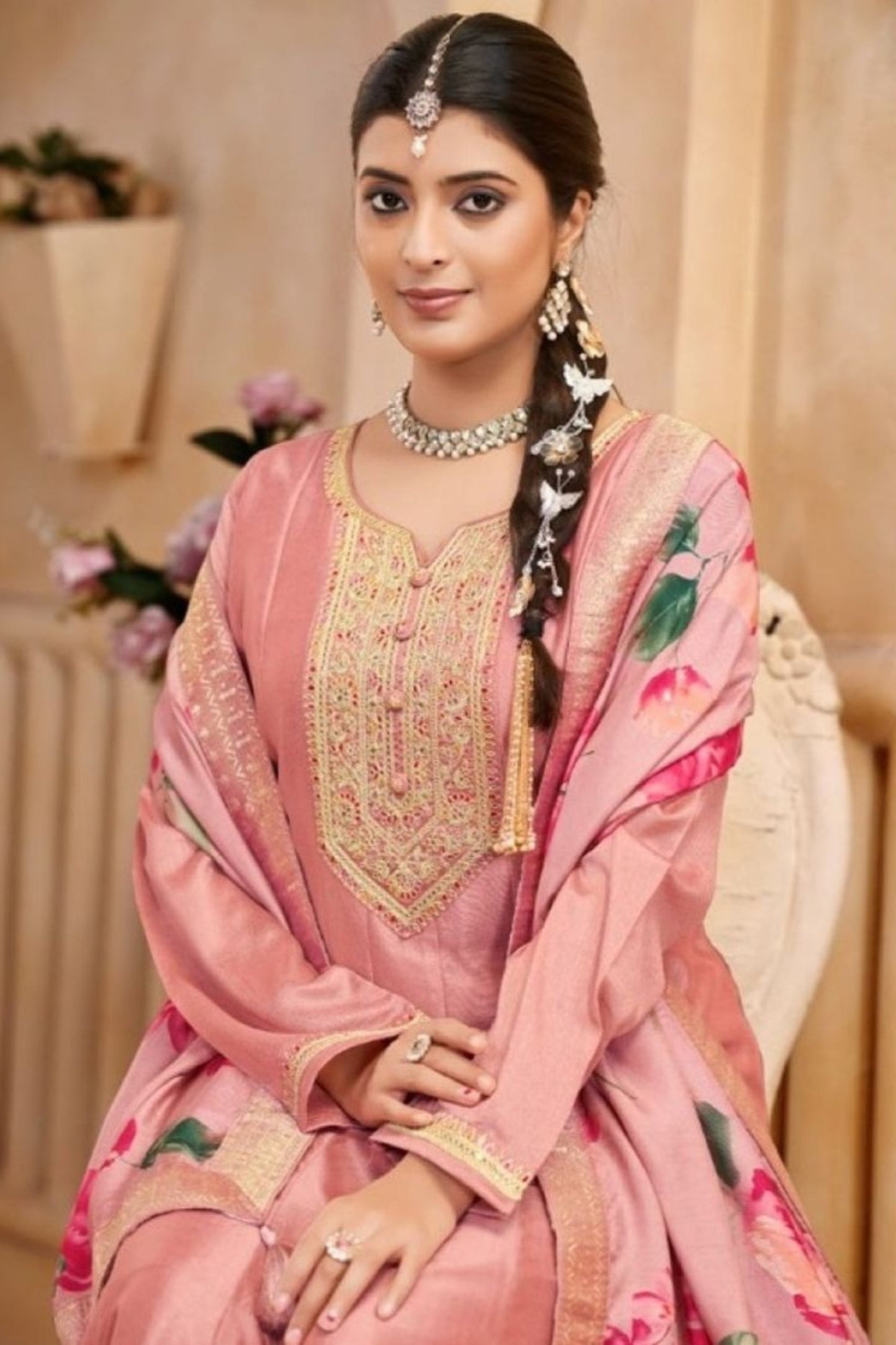 Peach Pakistani Anarkali Gown with Embroidery Worked Dupatta Dress