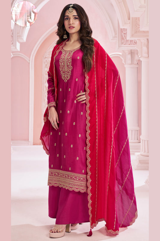 Dark Pink Color Embroidery Work Palazzo Dress With Dupatta Suit for CANADA Women's Wear