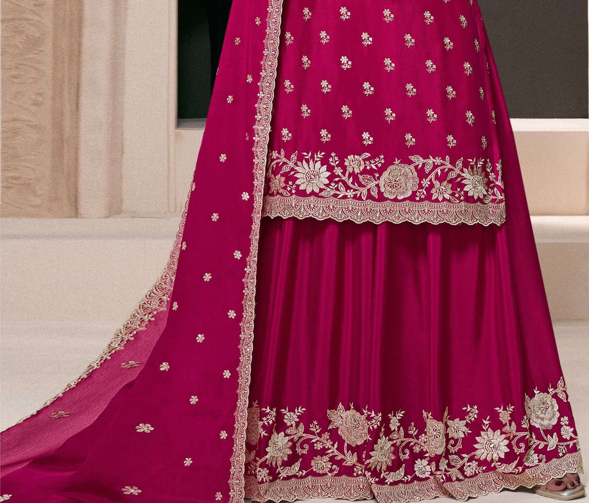 Indian Pink Embroidered Palazzo Suit