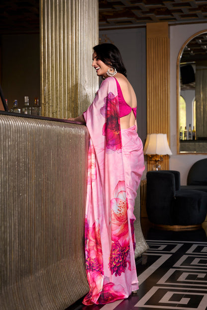Pink Saree reflects softness and charm – perfect for graceful day functions.
