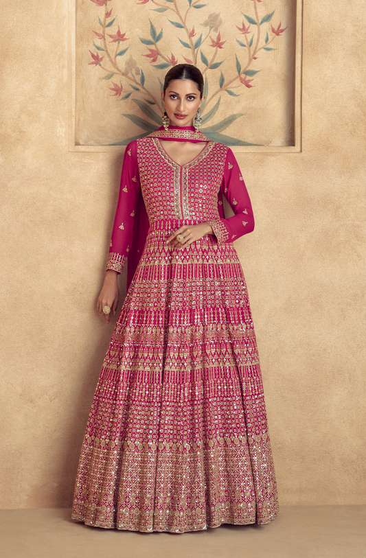 Pink Anarkali Dress Heavy Embroidery Worked Dupatta Suit for Women's