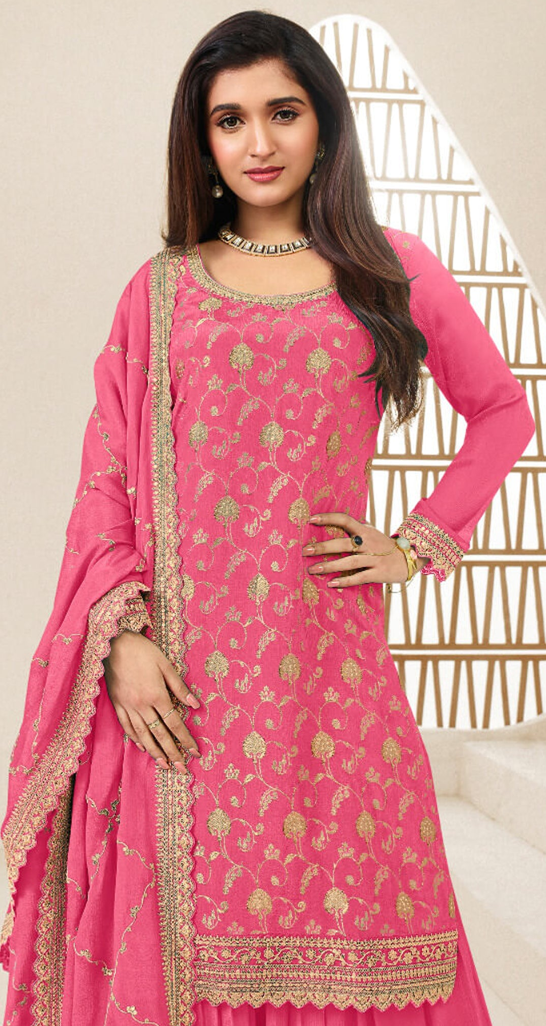 Pink Georgette Design Embroidery Work Palazzo Suit
