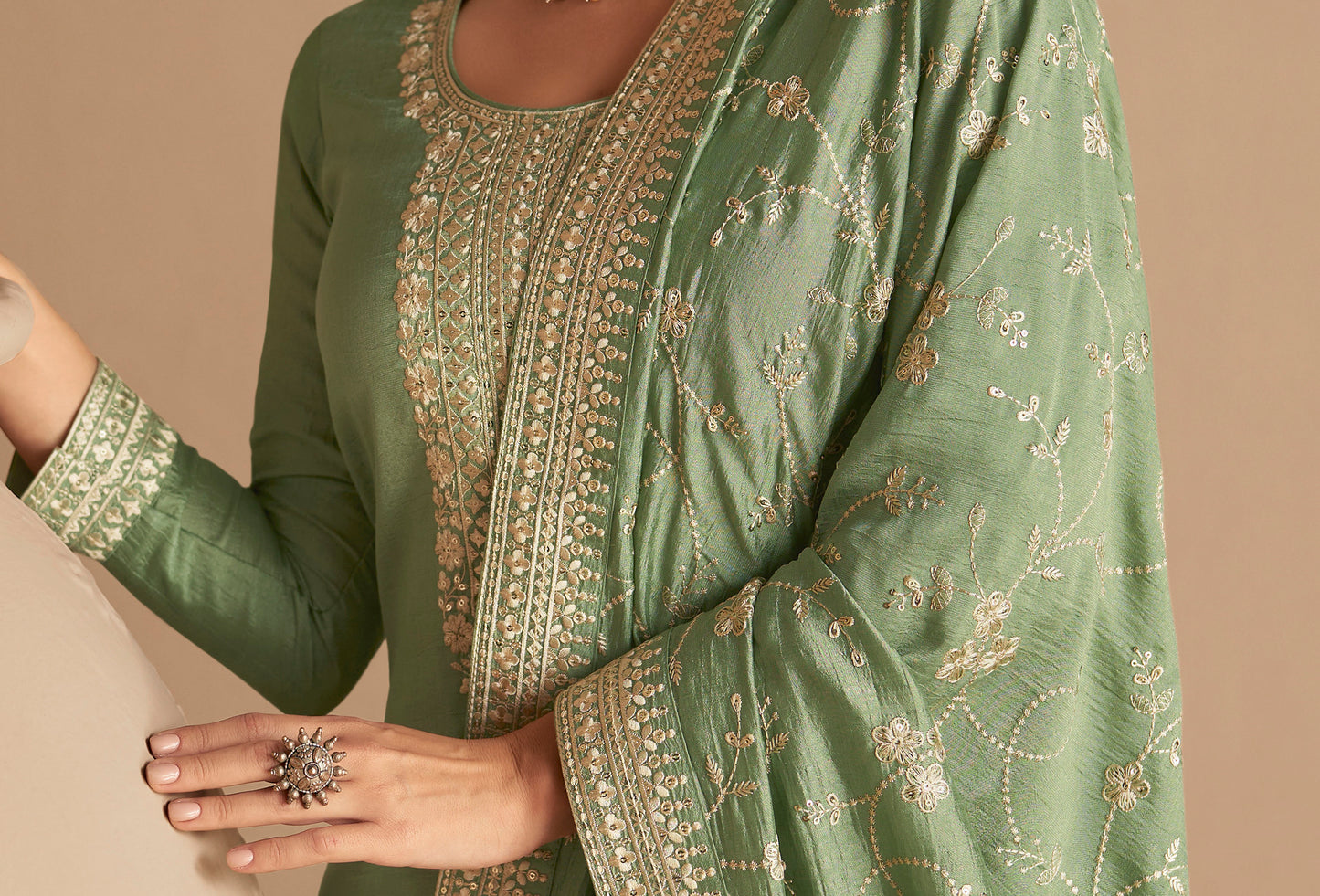 pista green salwar kameez neckline detail