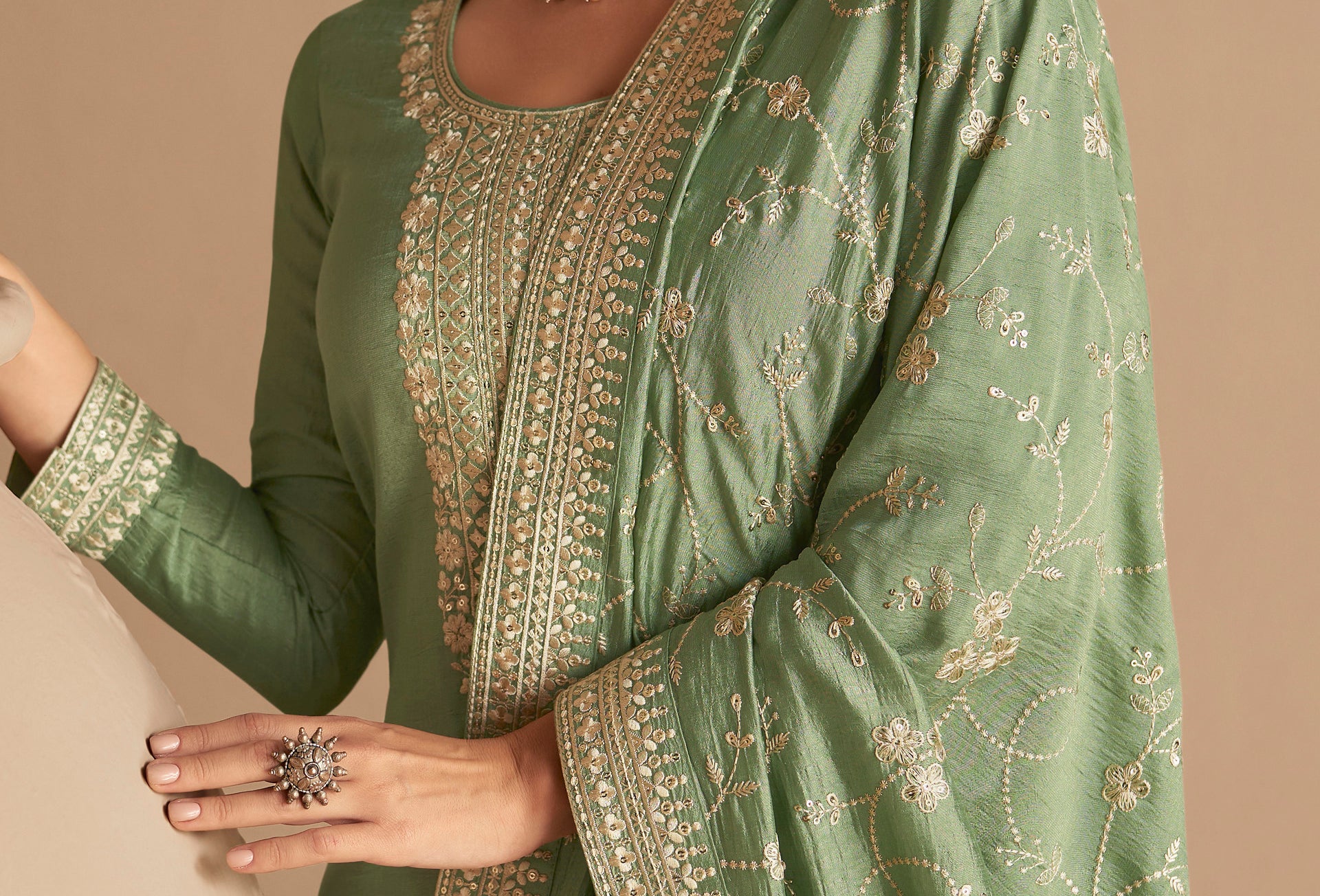 pista green salwar kameez neckline detail