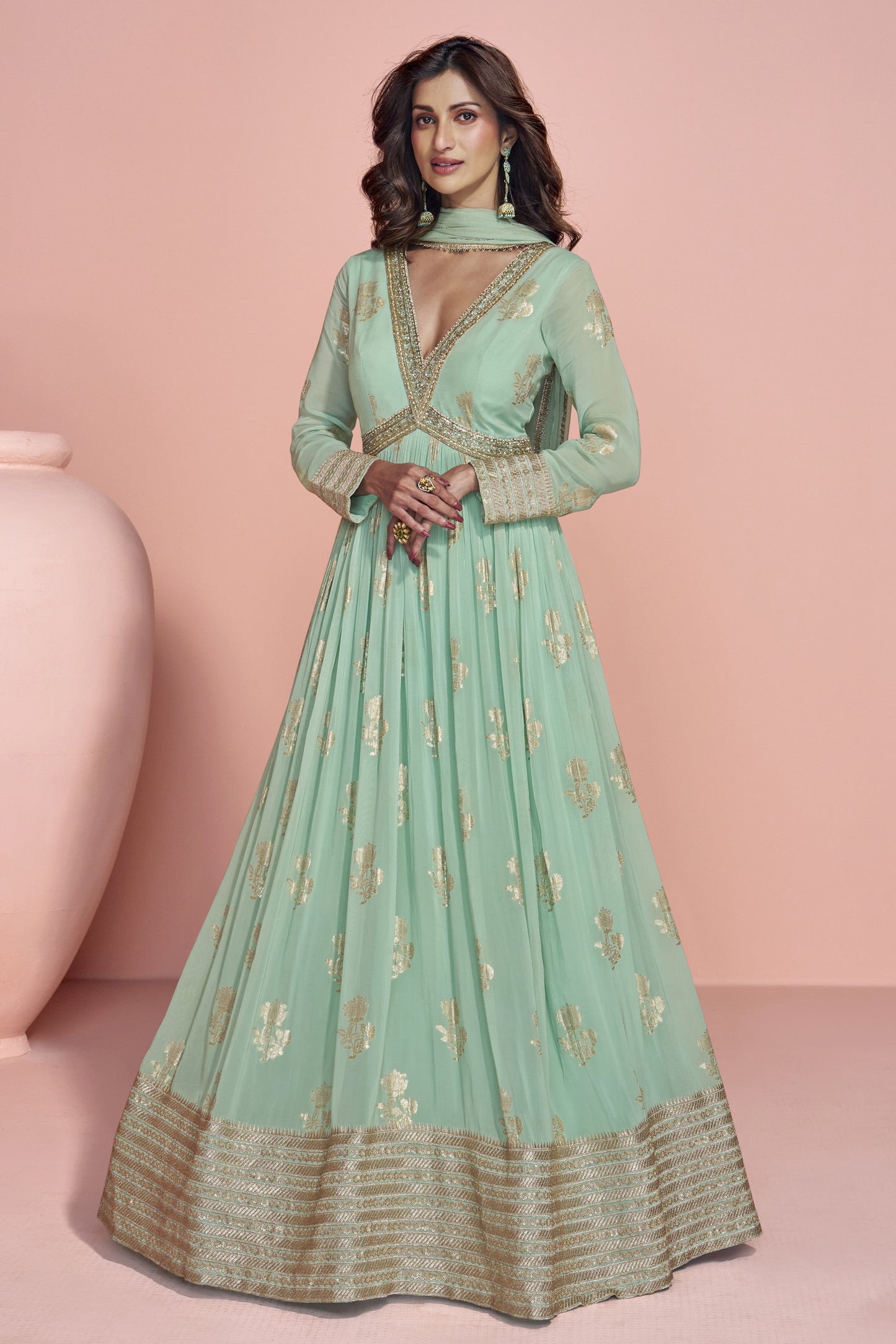 Indian Party Wear Sage Green Anarkali Dupatta Gown Seyuri Indian Party Wear Sage Green Anarkali Dupatta Gown Seyuri
