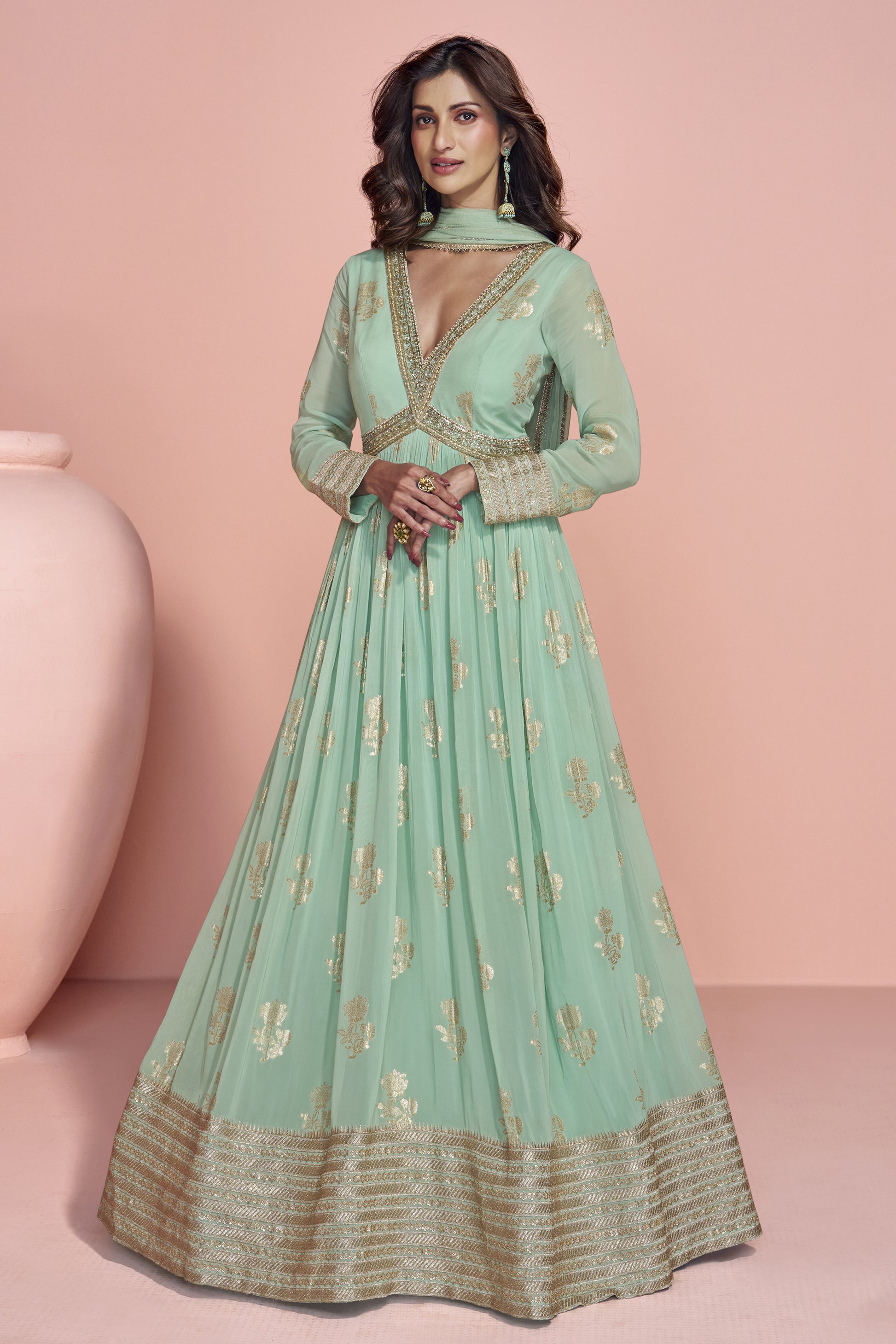Indian Party Wear Sage Green Anarkali Dupatta Gown Seyuri Indian Party Wear Sage Green Anarkali Dupatta Gown Seyuri