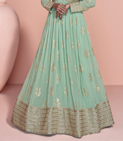 Traditional Wear Sage Green Anarkali Gown With Dupatta Dresses