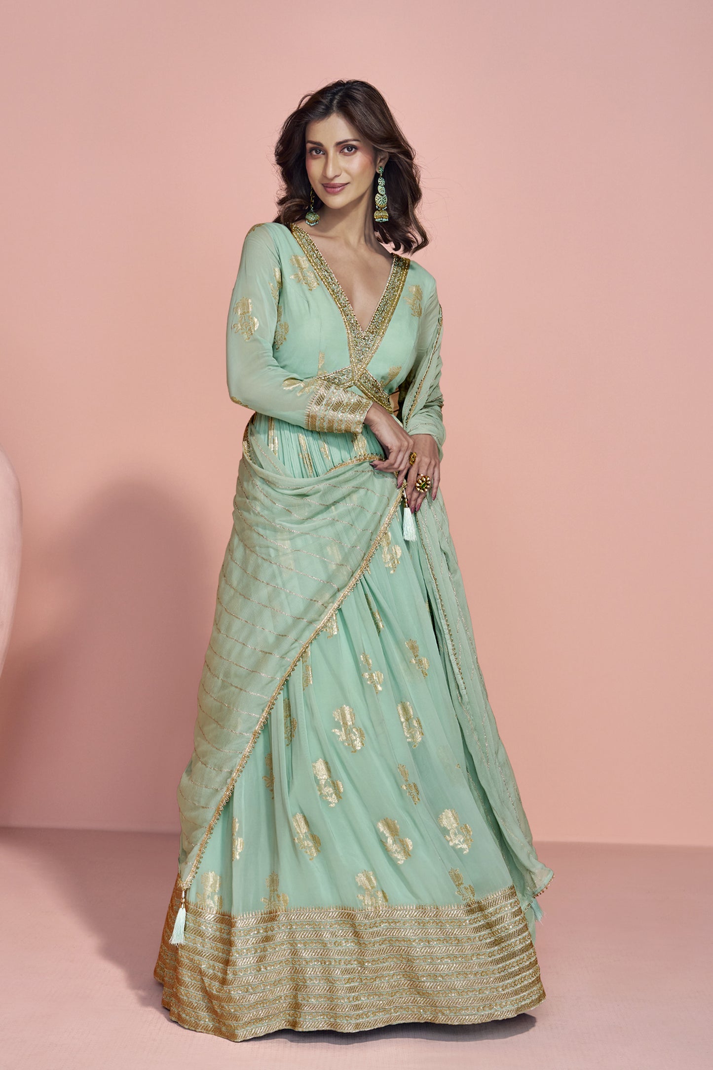Traditional Wear Sage Green Anarkali Gown With Dupatta Dresses