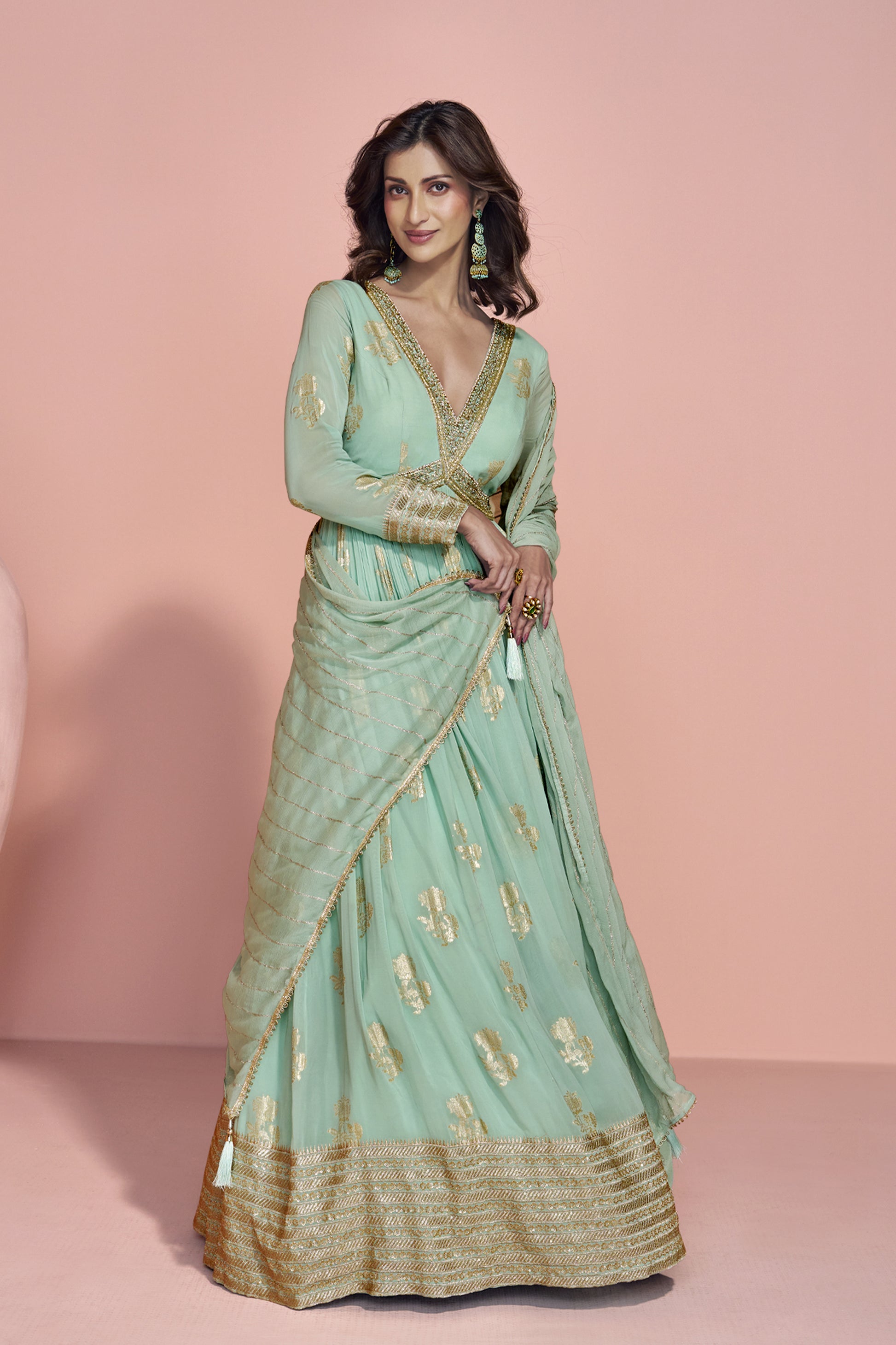 Traditional Wear Sage Green Anarkali Gown With Dupatta Dresses