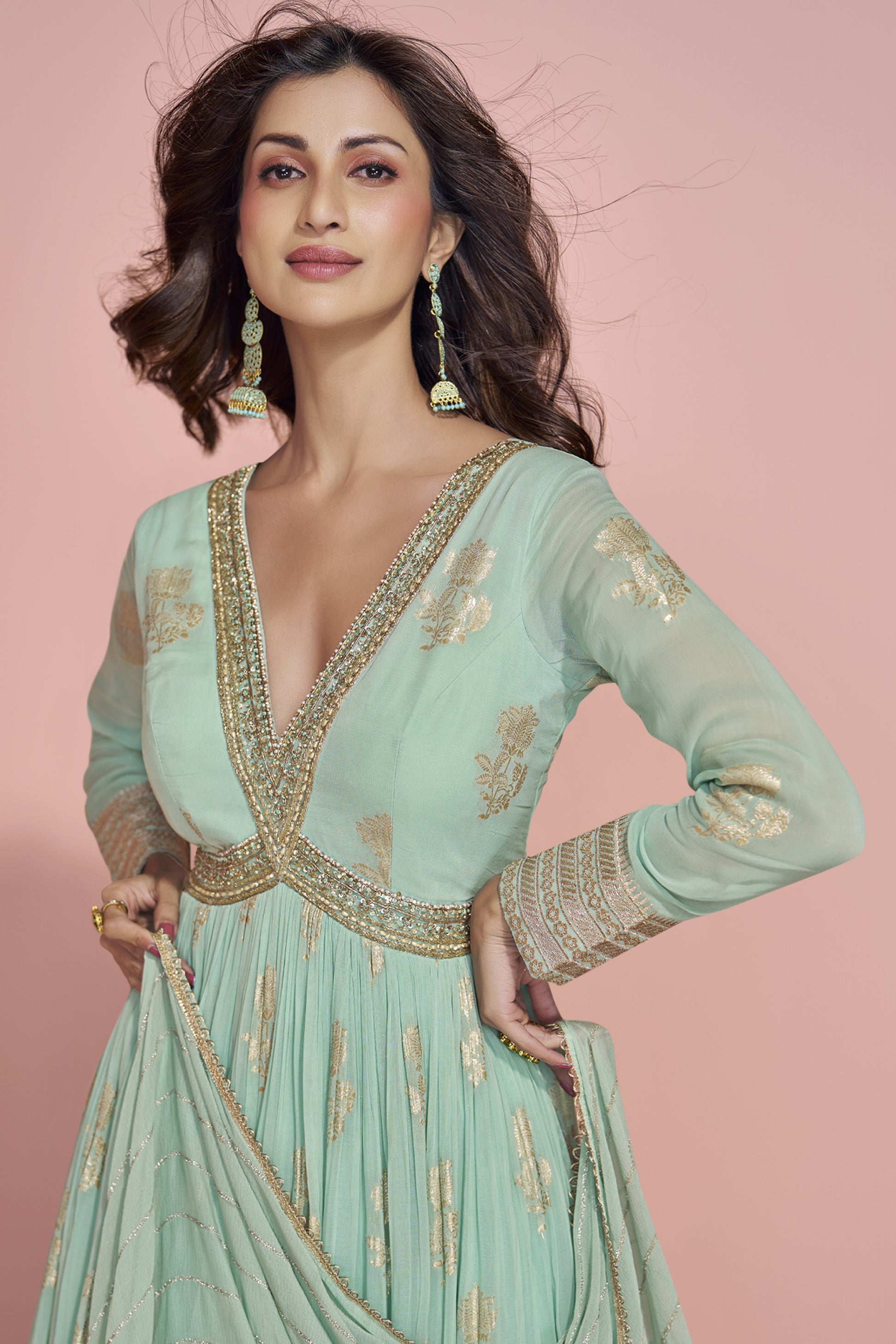 Indian Party Wear Sage Green Anarkali Dupatta Gown Seyuri Indian Party Wear Sage Green Anarkali Dupatta Gown Seyuri