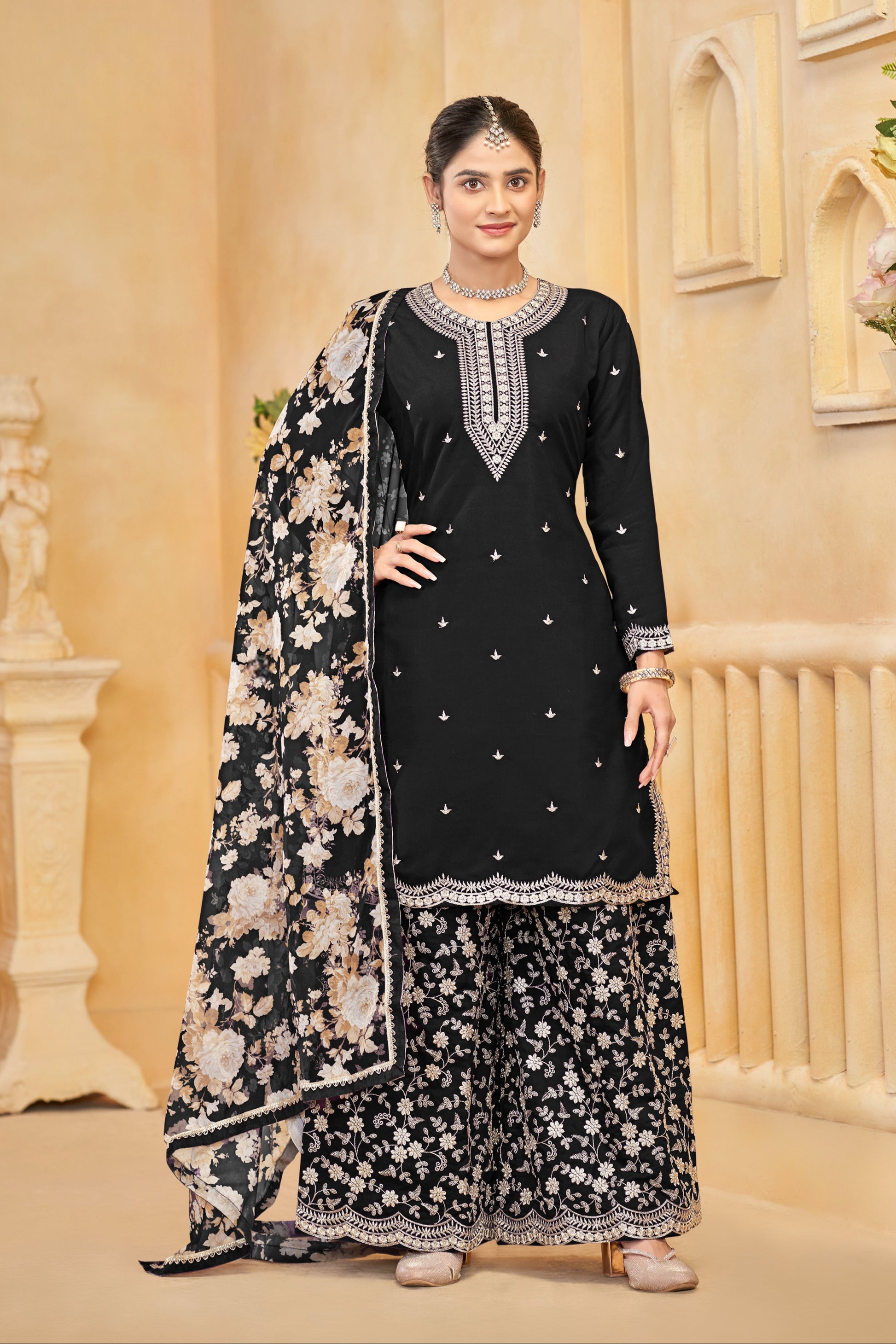 Black Salwar Kameez Palazzo with Dupatta for Wedding Wear