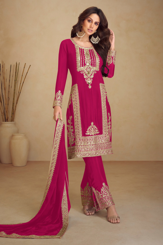Pink Embroidered Salwar Kameez Front View - Designer Indian Ethnic Wear With Thread Work 