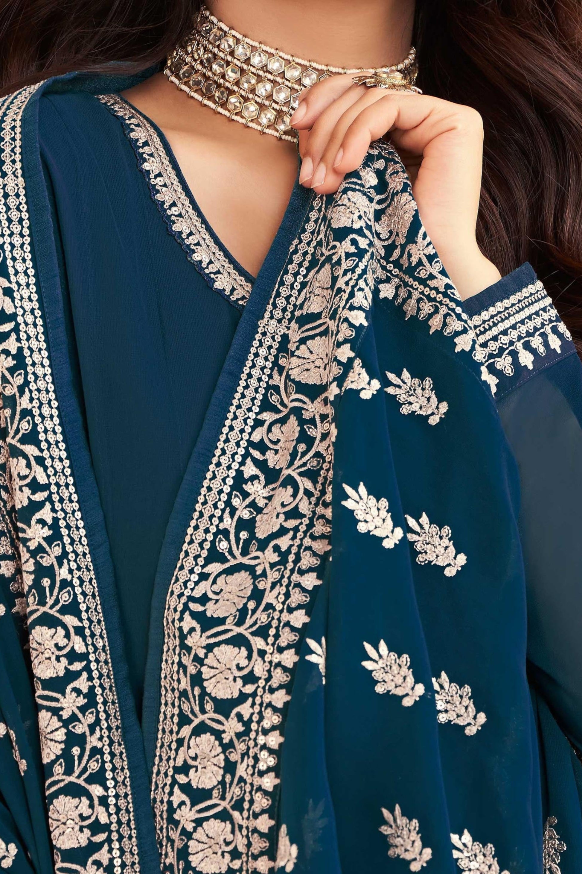 Plus Size Anarkali Blue Dupatta Gown With Long Sleeve for Her Women's