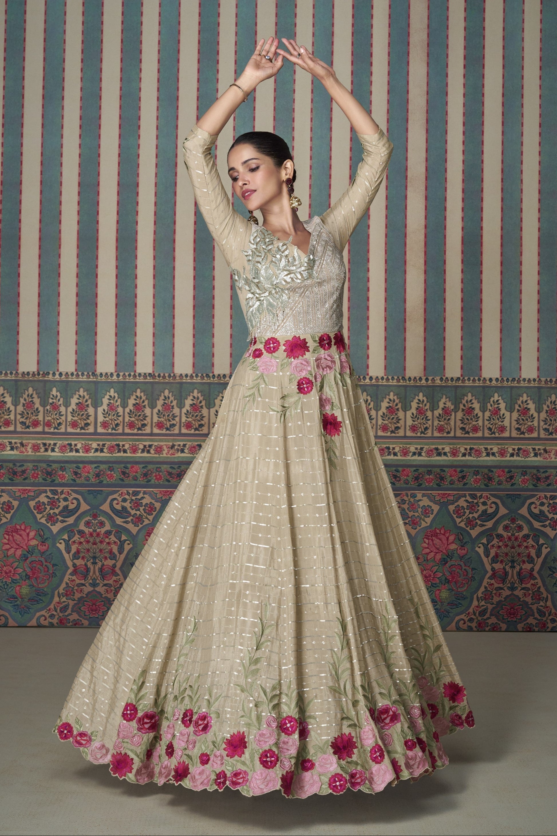 Beige Anarkali Gown Reception Party Wear Chinon Silk Embroidery Work Suit
