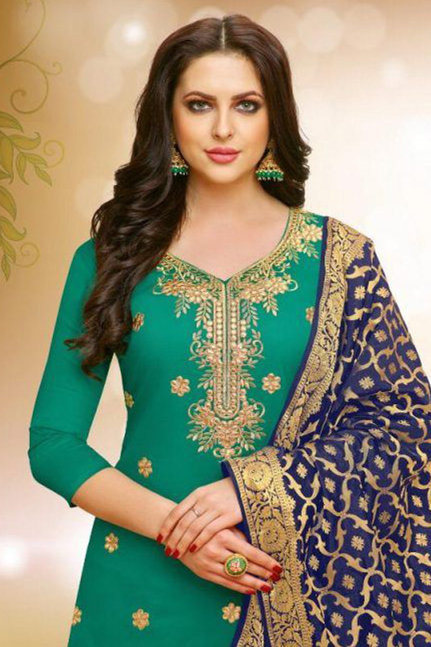 Dark green patiala suit detailed gota embroidery close up