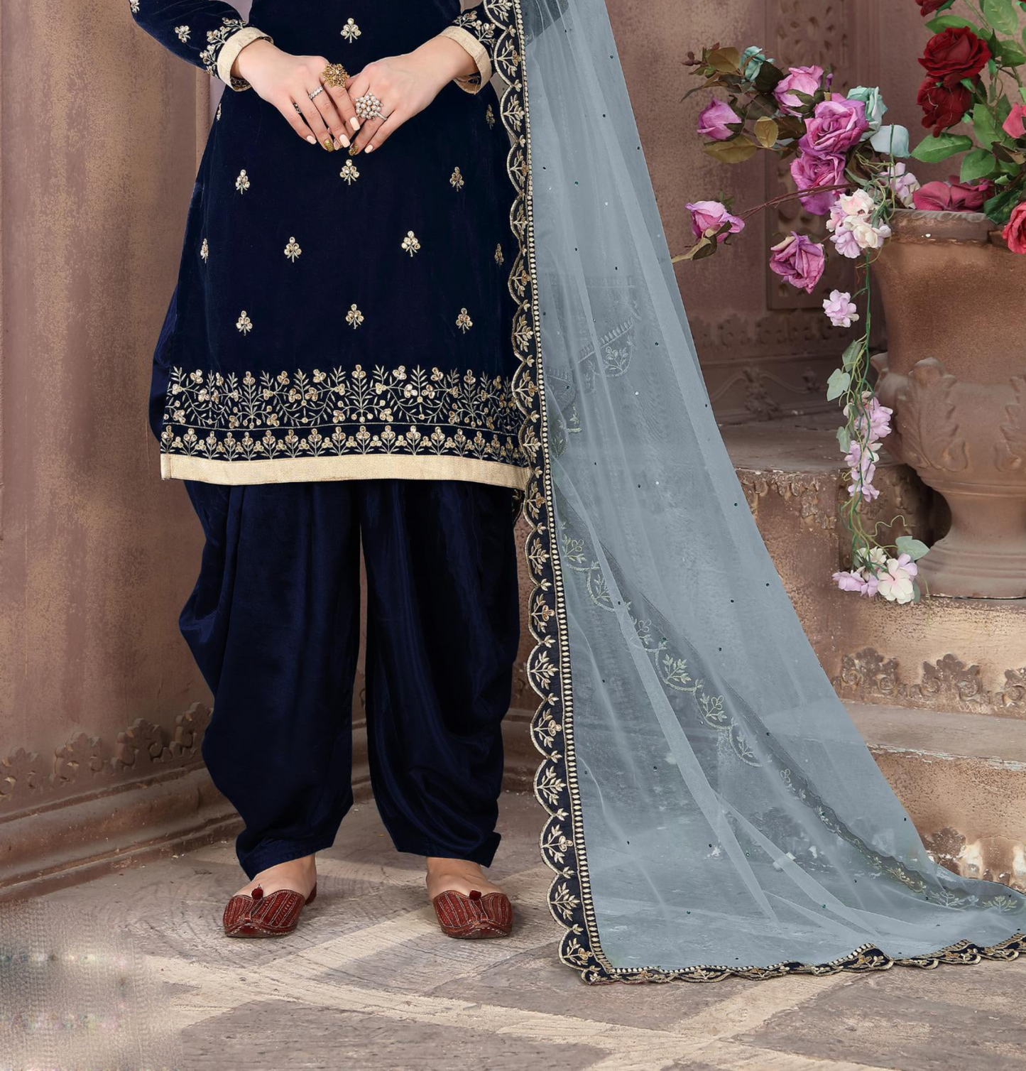 Embroidered patiala in navy blue for Punjabi wear