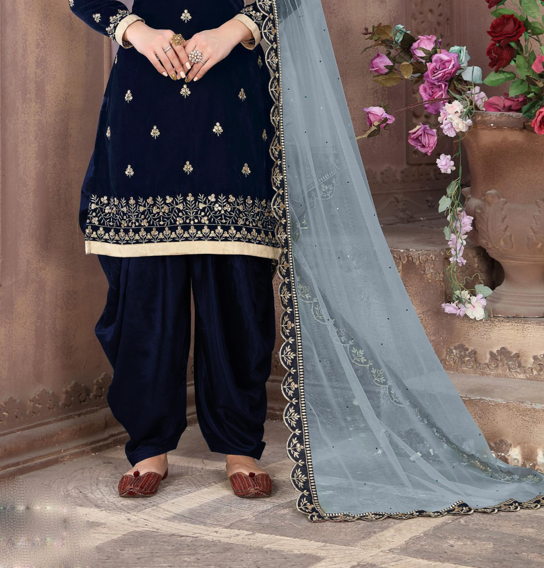 Embroidered patiala in navy blue for Punjabi wear