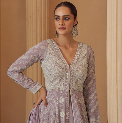 Close Up fabric drape of real georgette anarkali in soft light