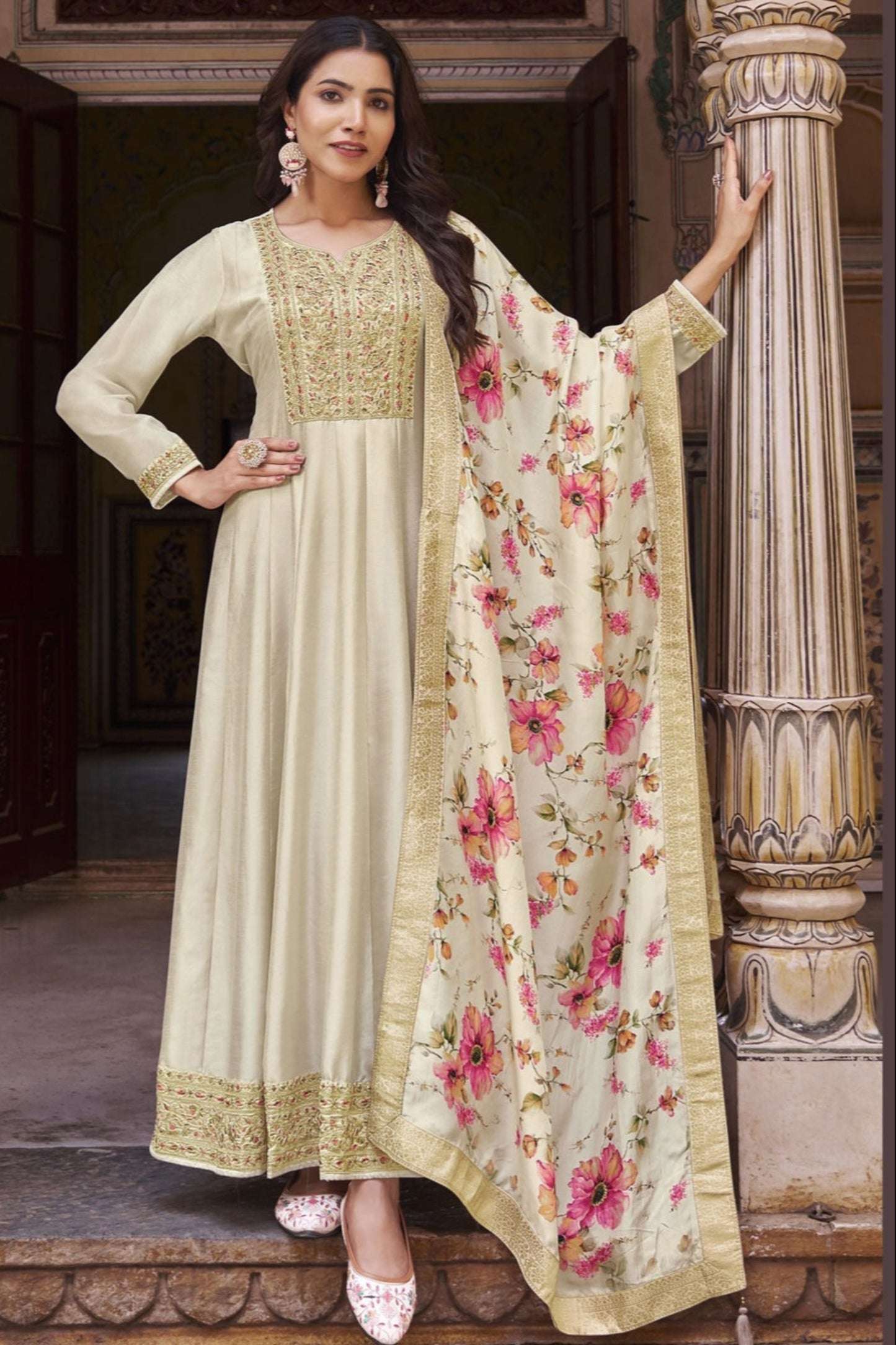 Traditional Anarkali Gown with Full Sleeve and Party wear Dupatta Suit