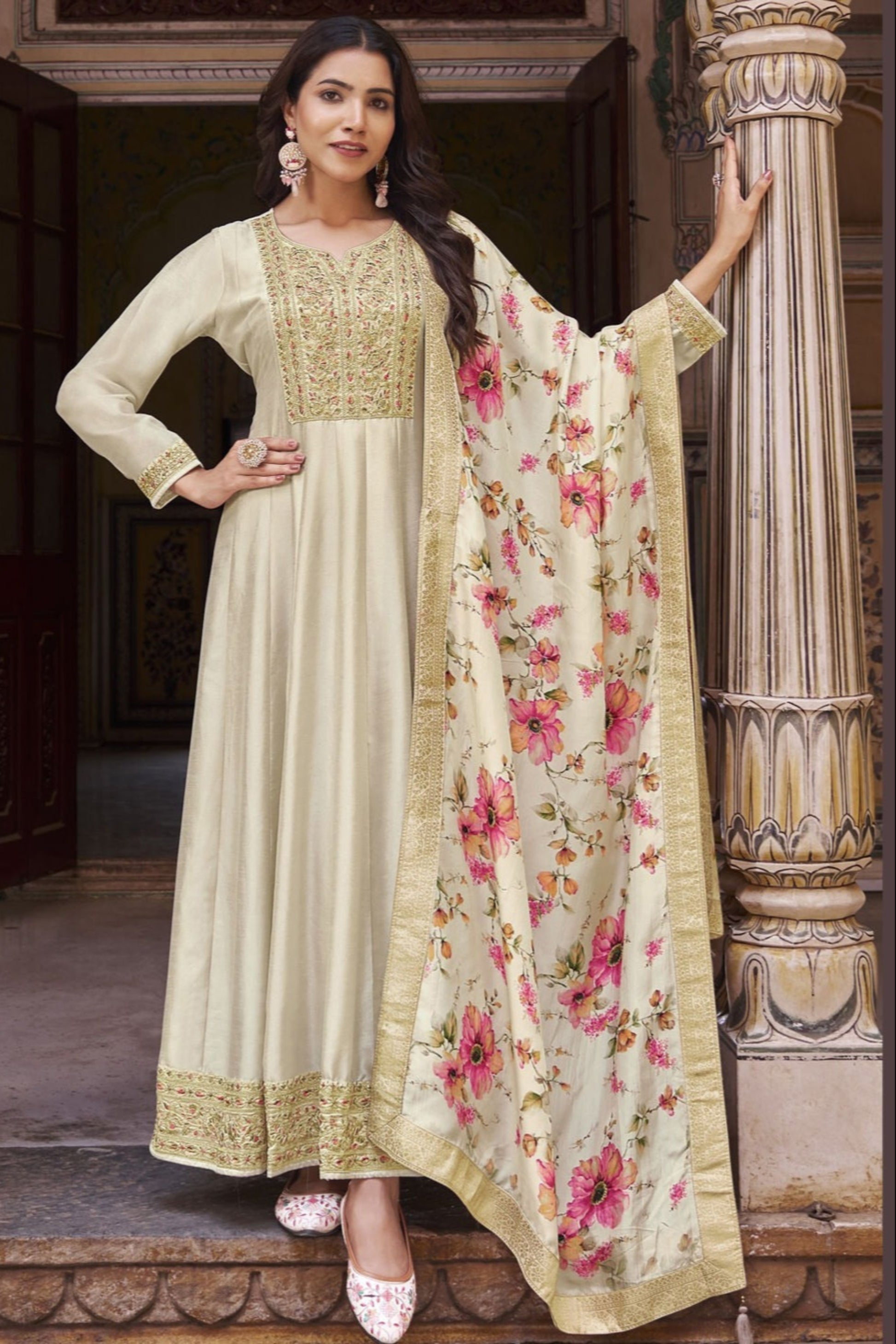 Traditional Anarkali Gown with Full Sleeve and Party wear Dupatta Suit