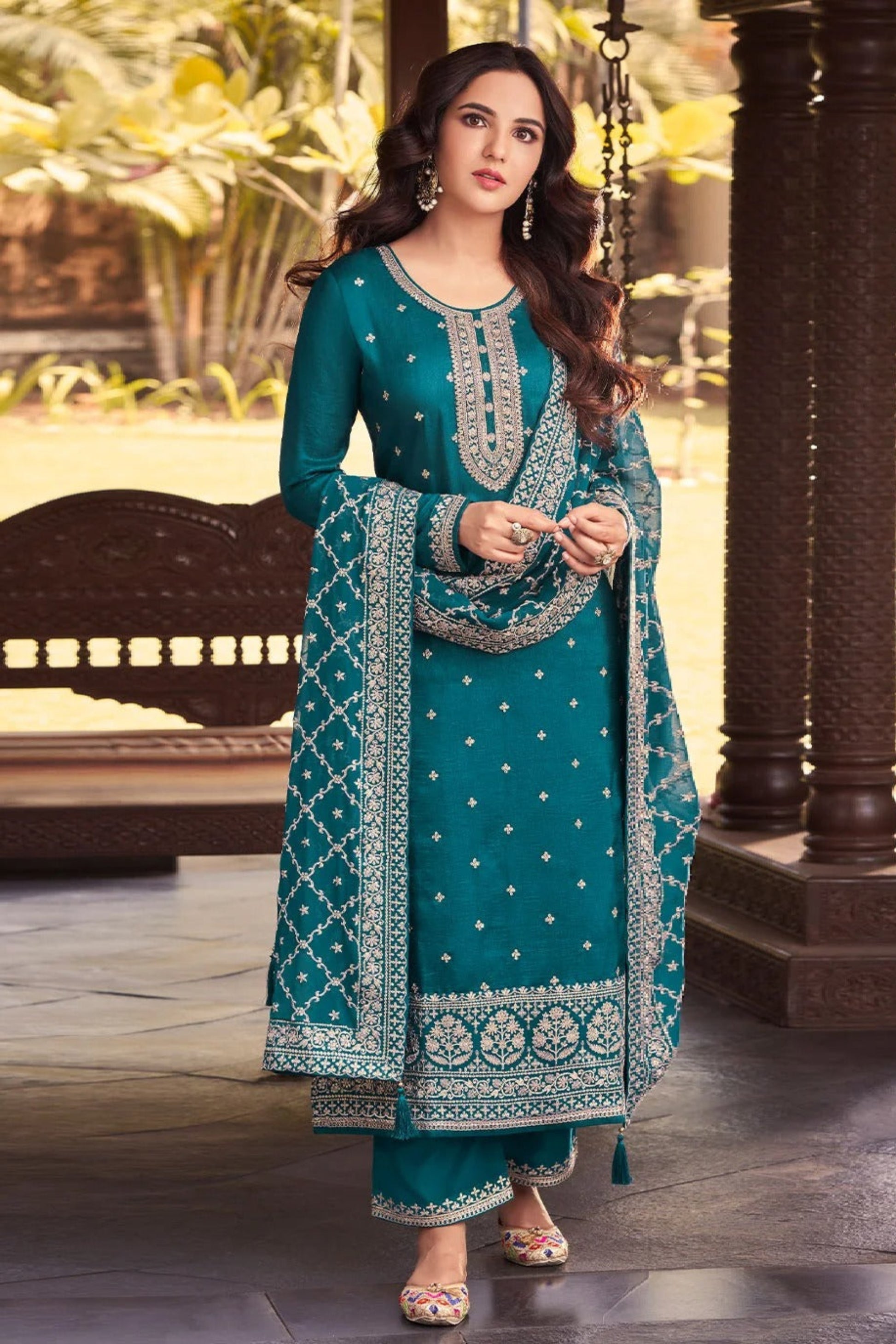 Teal Embroidered Salwar Kameez Front View With Palazzo and Dupatta for Religious Ceremonies
