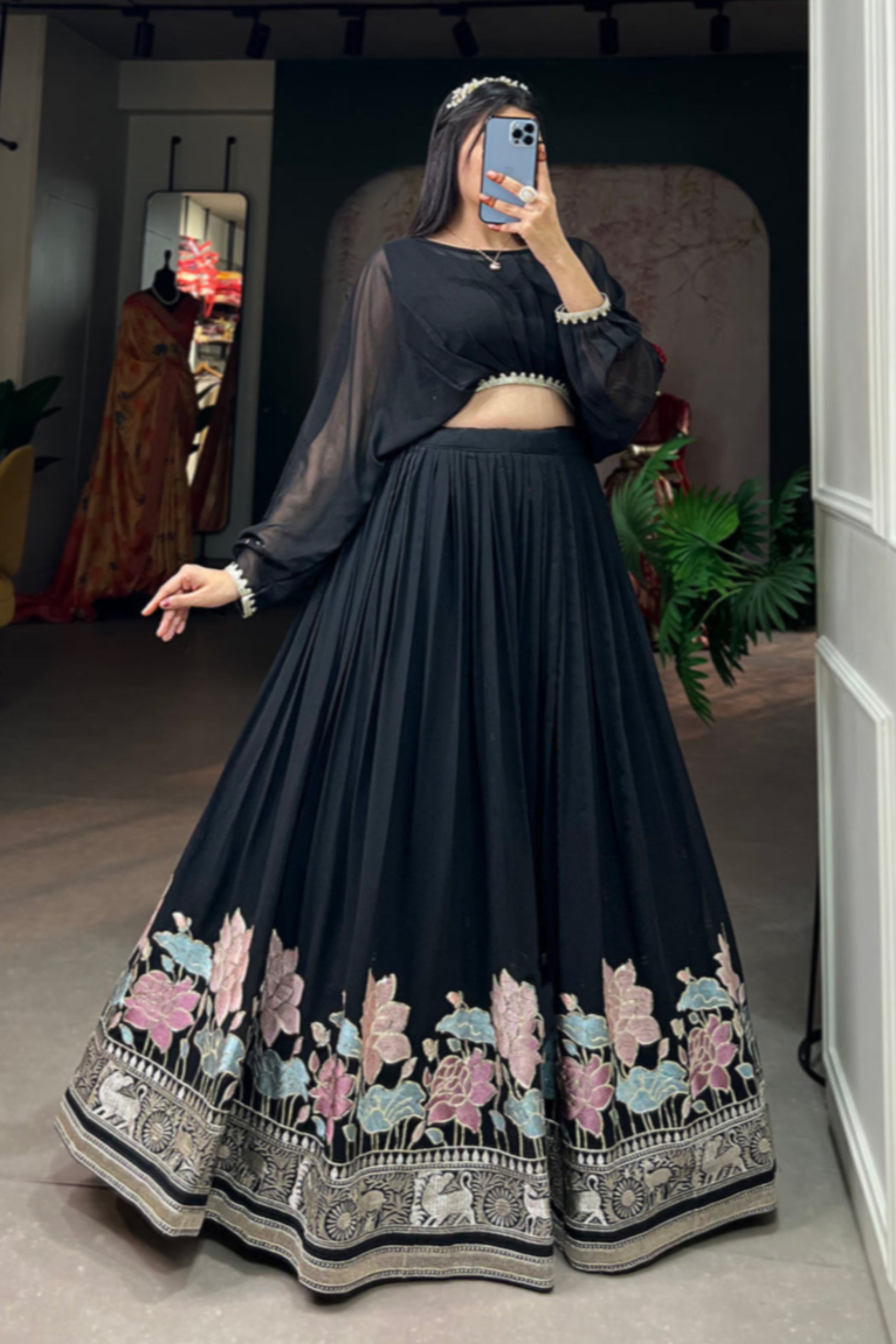 black lehenga,plus size available,Comfort Fit,Premium Fabric,Express Delivery.